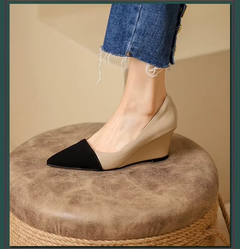 Casual Leather Wedges Office Work Slip On Pointed Toe Pumps High Heels