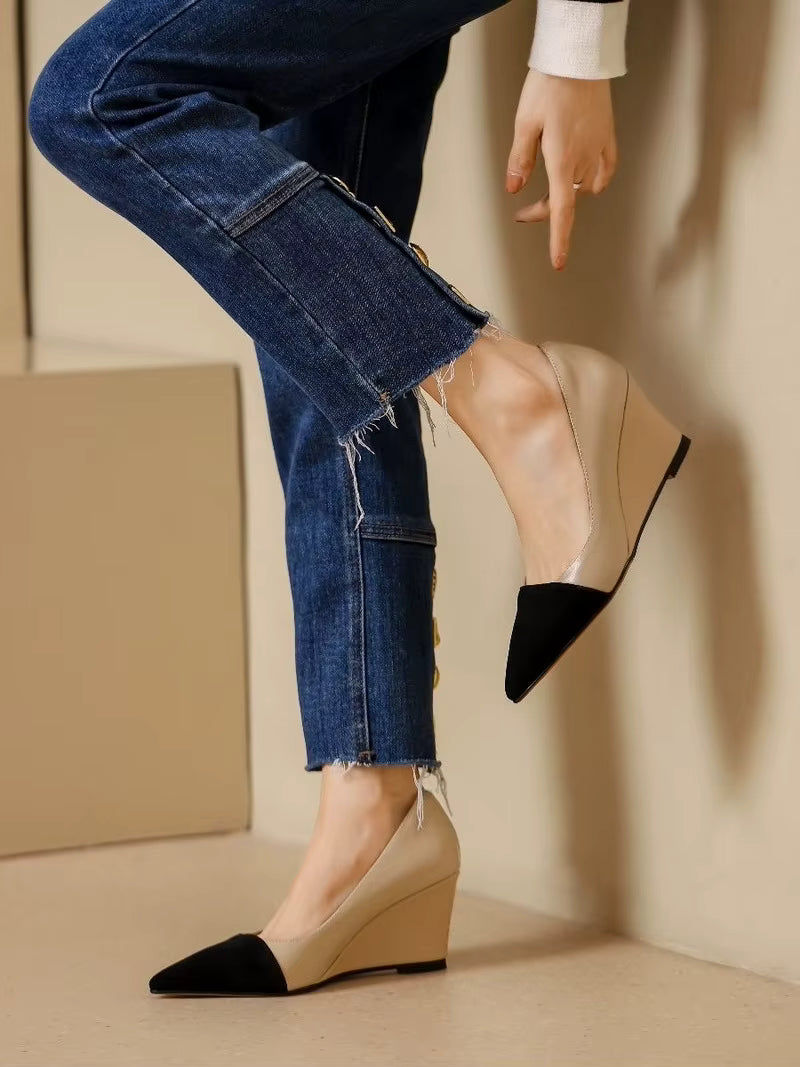 Casual Leather Wedges Office Work Slip On Pointed Toe Pumps High Heels