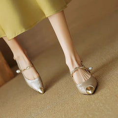 Casual Buckle Toe Temperament Pearl Low Heel Sandals