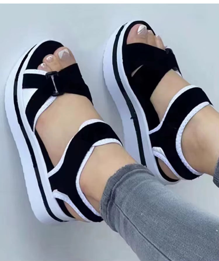 Casual Mix Color Cotton Fabric Ankle Strap Wedges Heels