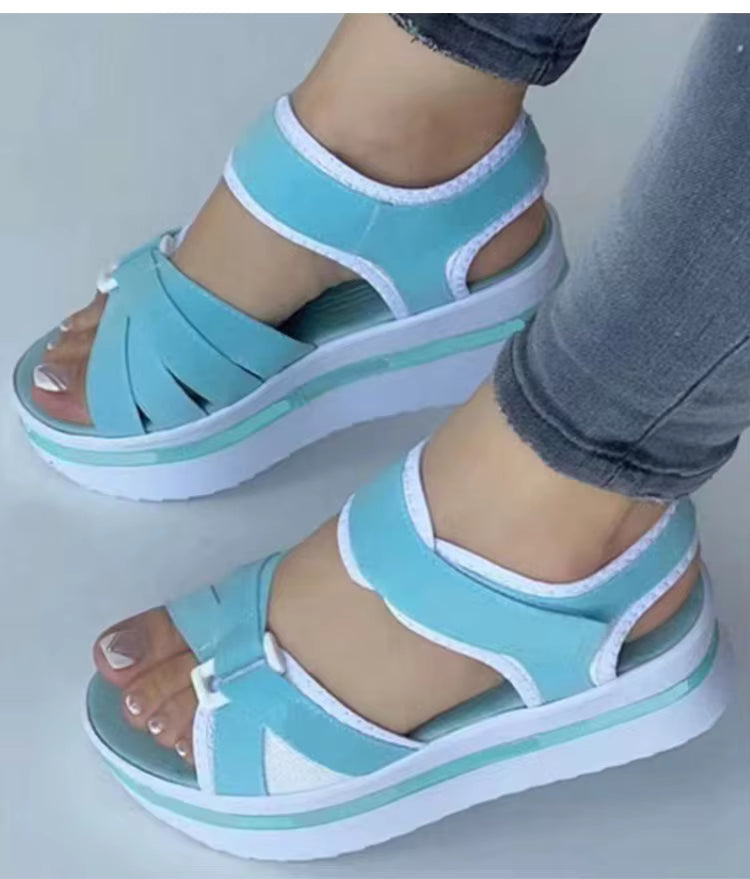 Casual Mix Color Cotton Fabric Ankle Strap Wedges Heels