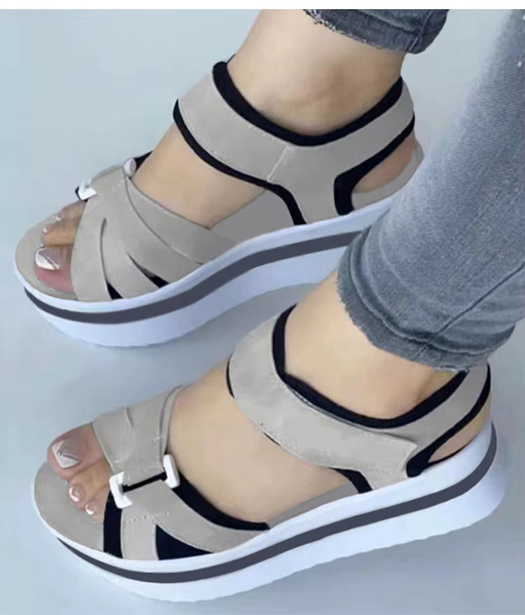 Casual Mix Color Cotton Fabric Ankle Strap Wedges Heels