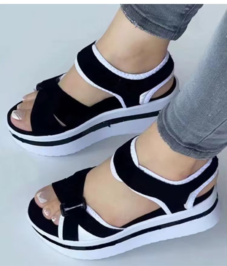 Casual Mix Color Cotton Fabric Ankle Strap Wedges Heels