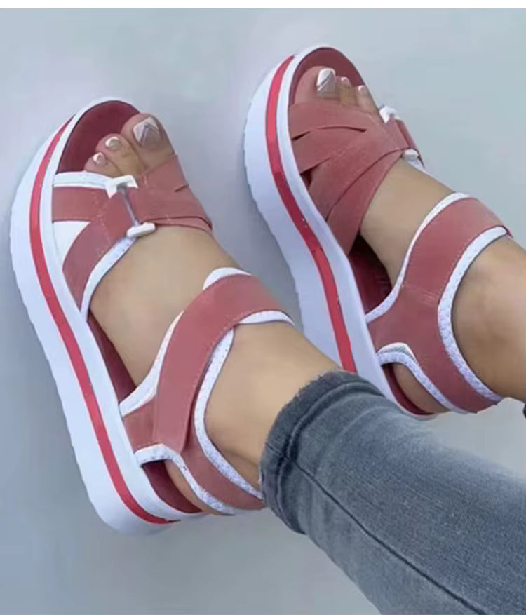 Casual Mix Color Cotton Fabric Ankle Strap Wedges Heels