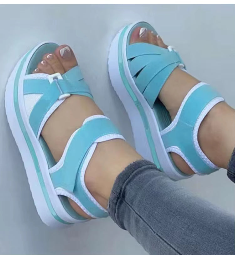 Casual Mix Color Cotton Fabric Ankle Strap Wedges Heels