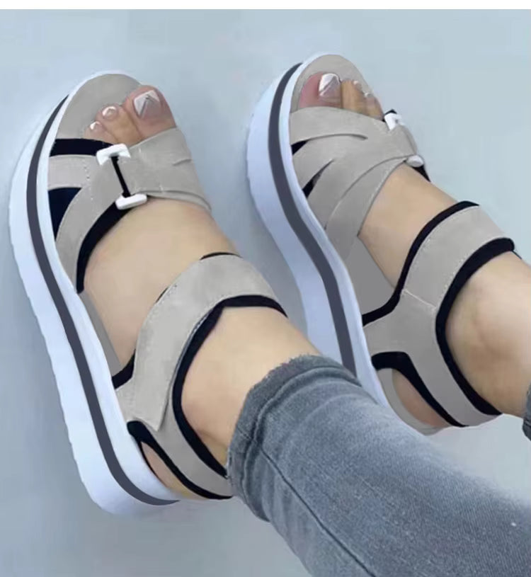 Casual Mix Color Cotton Fabric Ankle Strap Wedges Heels