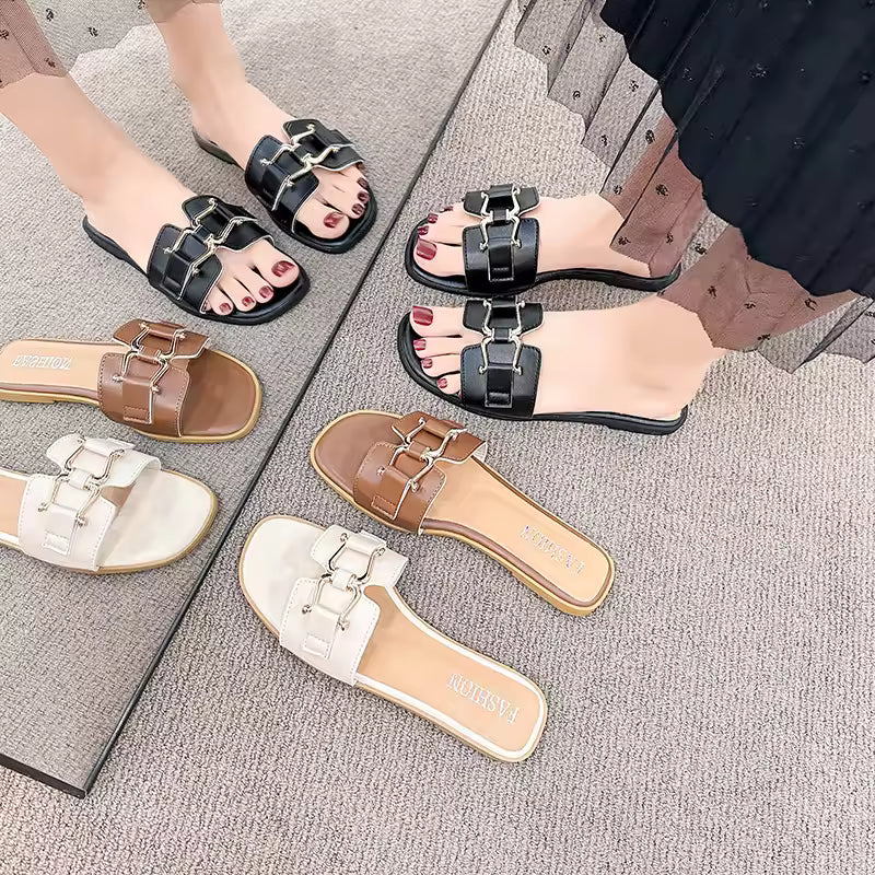 Casual Modern Flip-Flops Flat Leisure Horse With Buckle Slippers