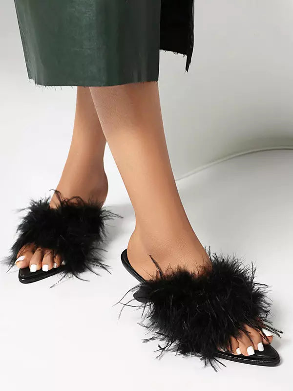 Casual Mules Feather Detail Special-Shaped Heel Backless Kitten Heel