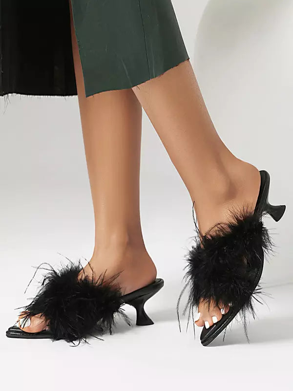 Casual Mules Feather Detail Special-Shaped Heel Backless Kitten Heel