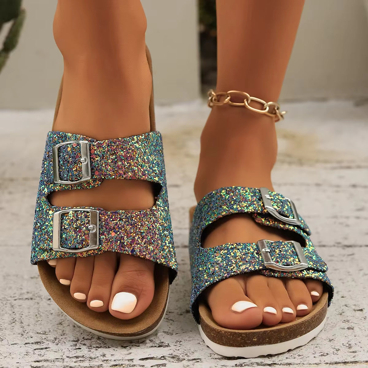 Casual Open Toe FlatBirkenstock Cork Buckle Bling Shoes