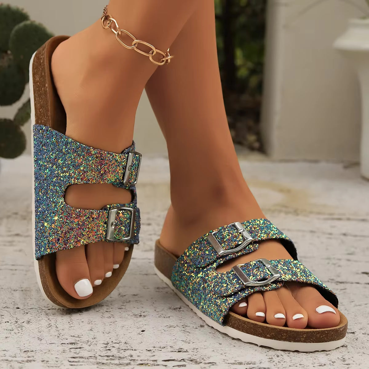 Casual Open Toe FlatBirkenstock Cork Buckle Bling Shoes
