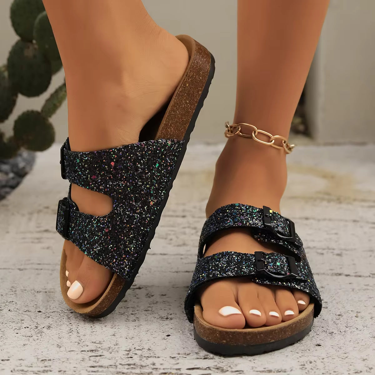 Casual Open Toe FlatBirkenstock Cork Buckle Bling Shoes