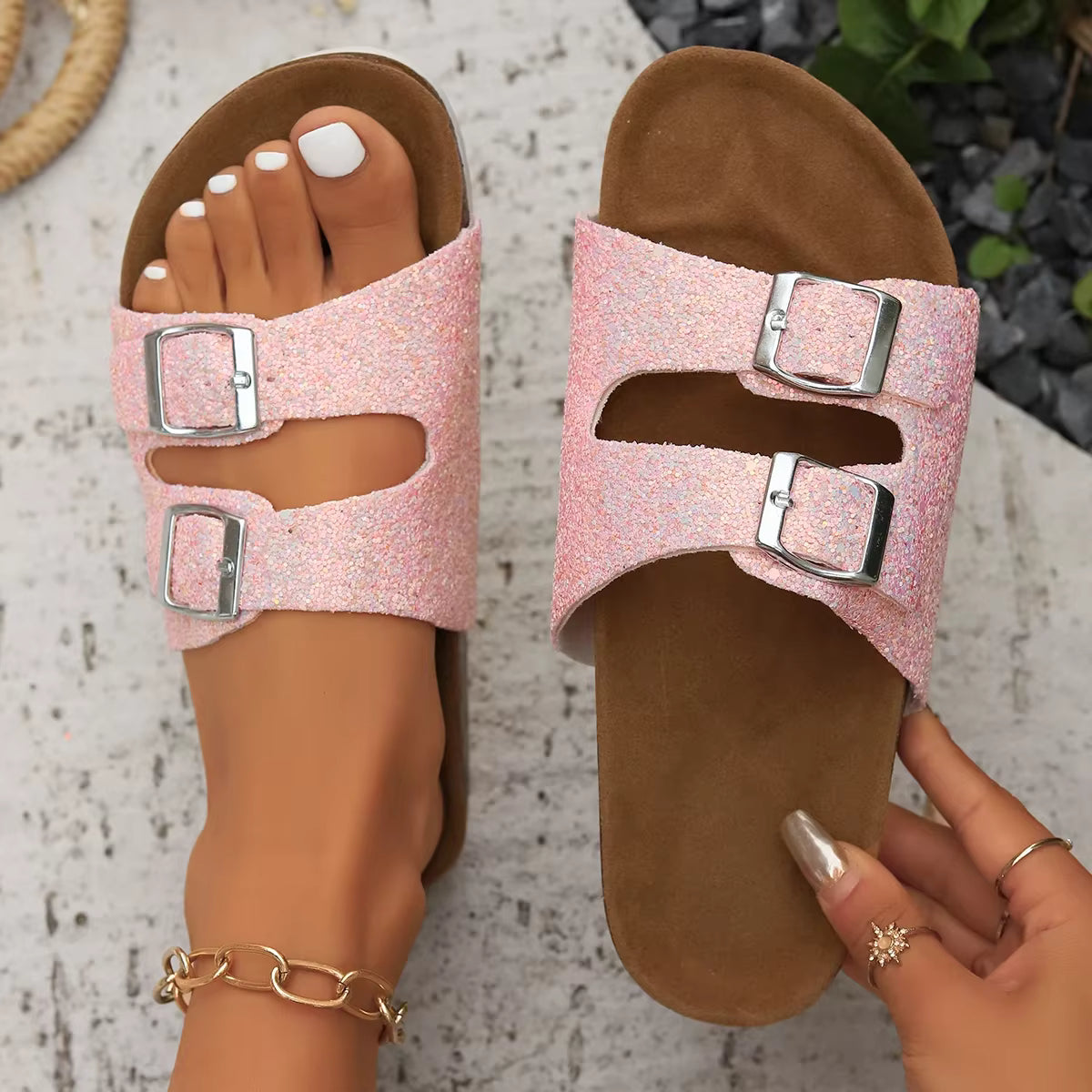 Casual Open Toe FlatBirkenstock Cork Buckle Bling Shoes