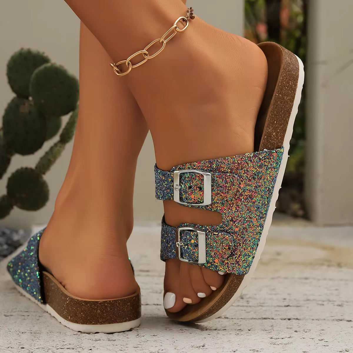 Casual Open Toe FlatBirkenstock Cork Buckle Bling Shoes