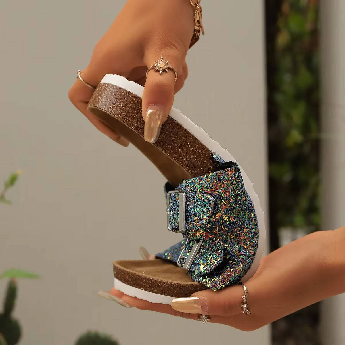 Casual Open Toe FlatBirkenstock Cork Buckle Bling Shoes