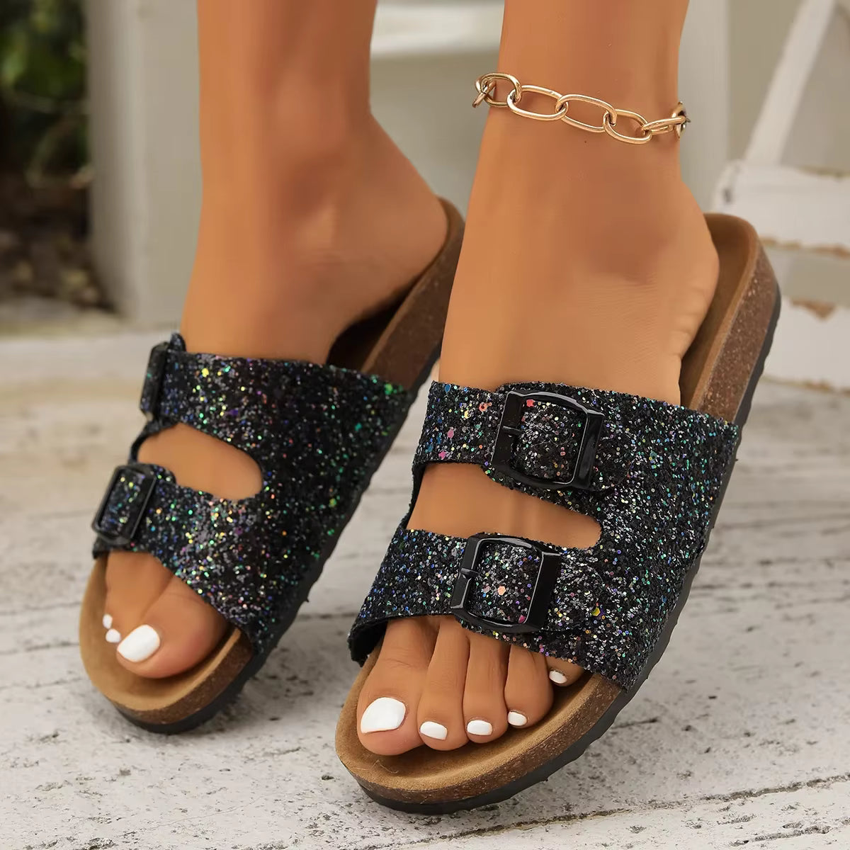 Casual Open Toe FlatBirkenstock Cork Buckle Bling Shoes