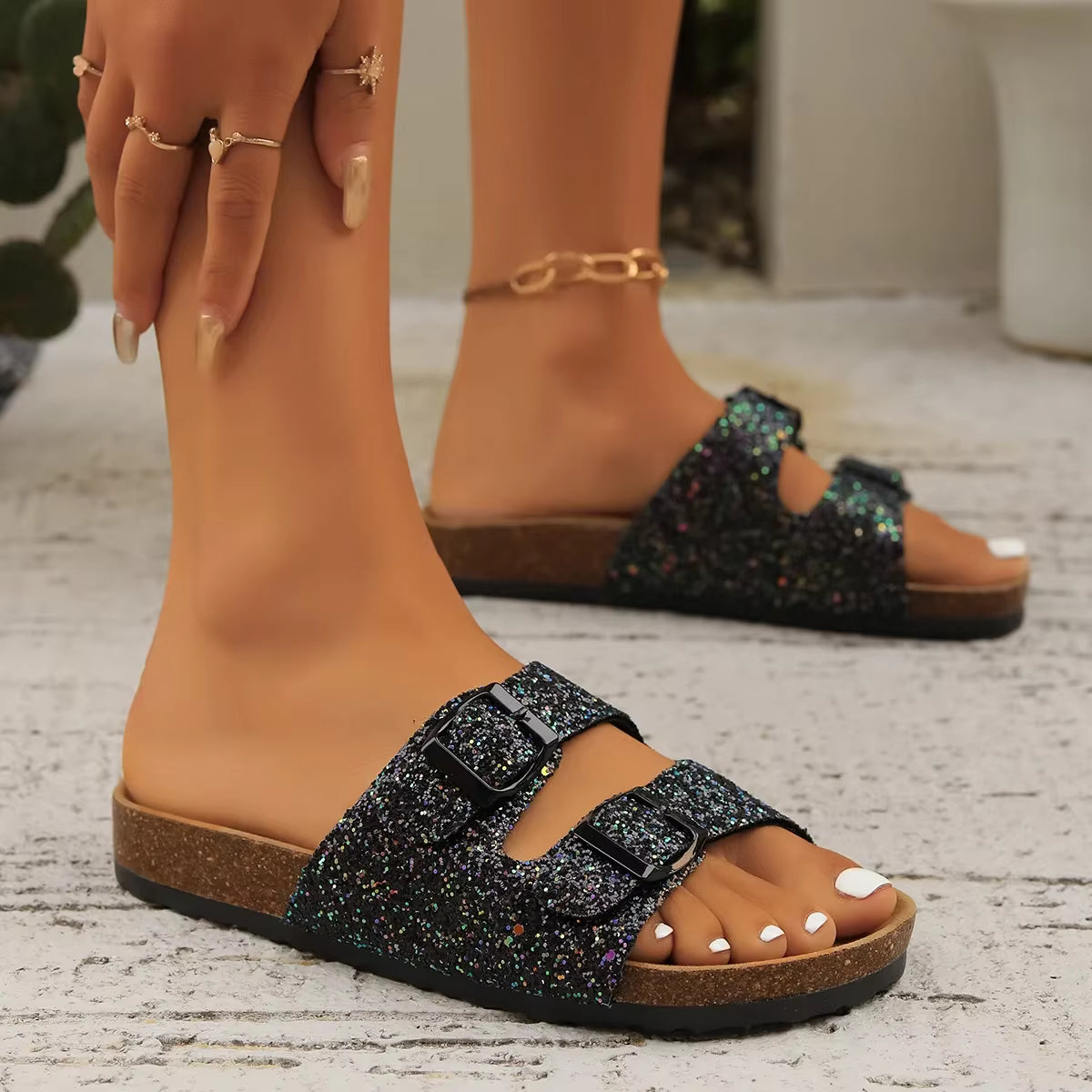 Casual Open Toe FlatBirkenstock Cork Buckle Bling Shoes