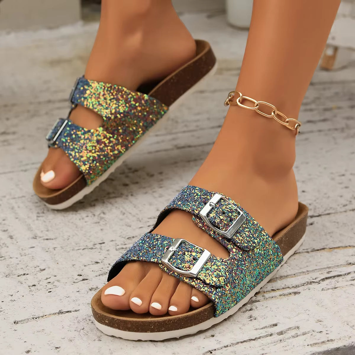 Casual Open Toe FlatBirkenstock Cork Buckle Bling Shoes