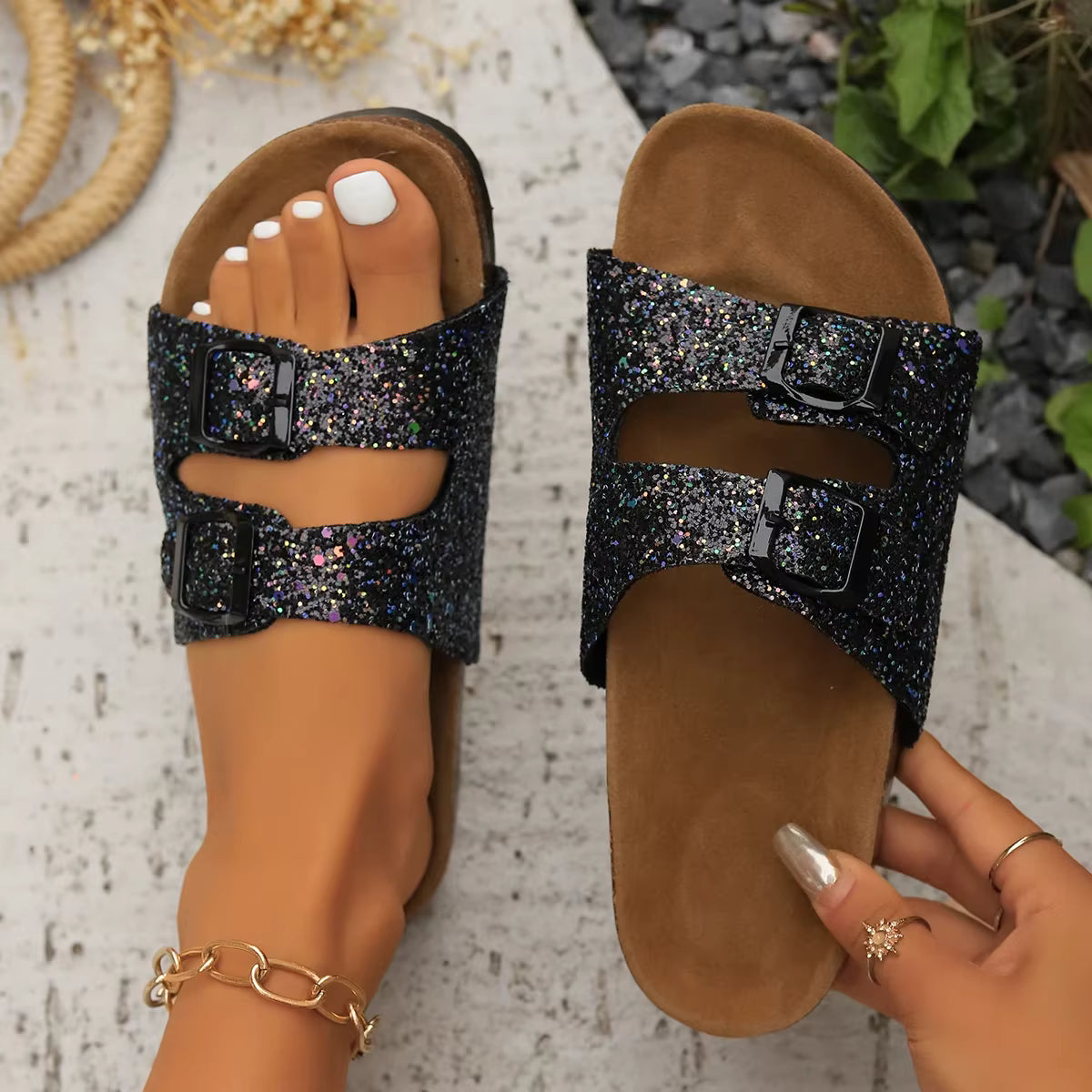 Casual Open Toe FlatBirkenstock Cork Buckle Bling Shoes