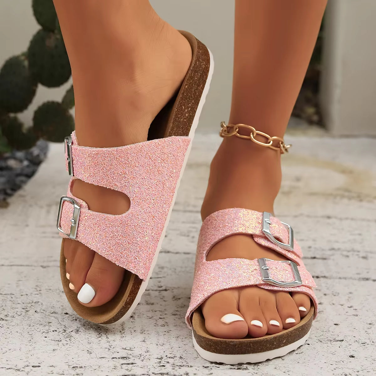 Casual Open Toe FlatBirkenstock Cork Buckle Bling Shoes