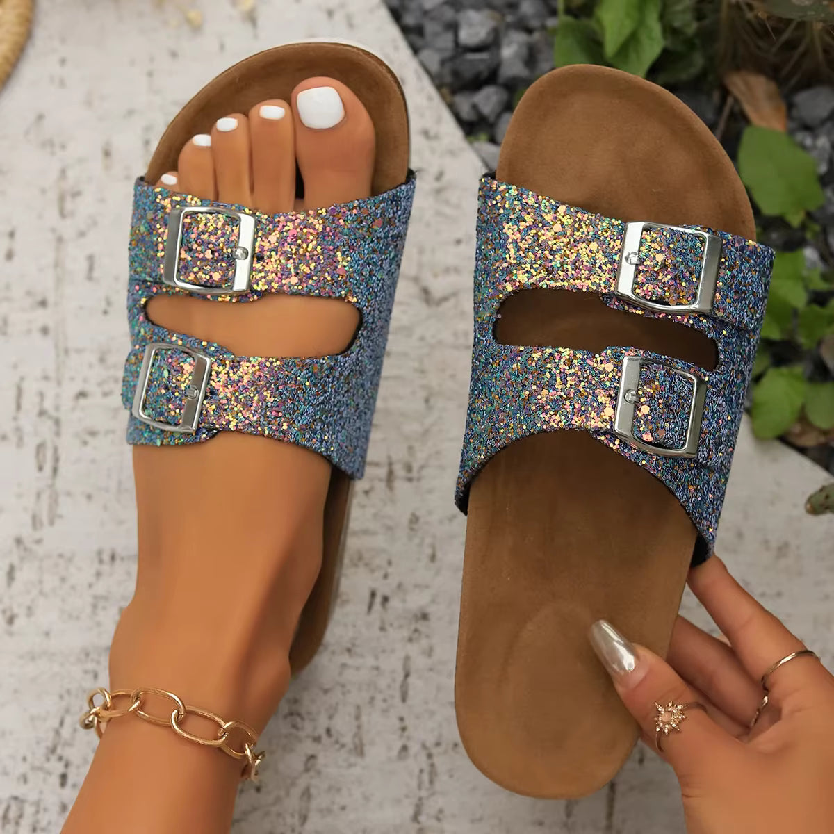 Casual Open Toe FlatBirkenstock Cork Buckle Bling Shoes