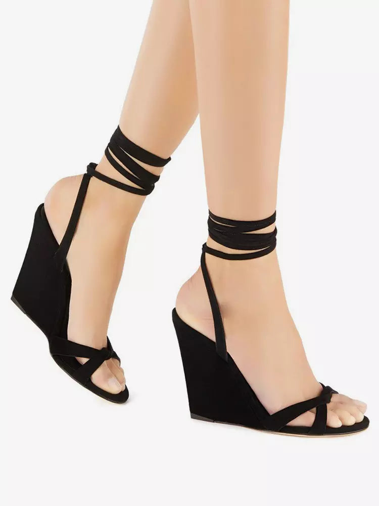 Casual Open Toe Lace Up Polyurethane Suede Wedge Sandals