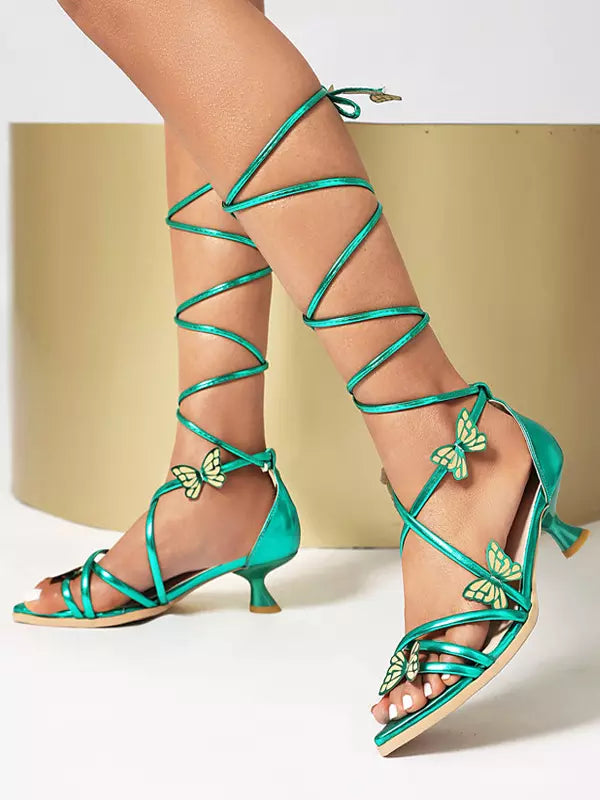 Casual Open Toe Lace Up Solid Color Kitten Heel Sandals
