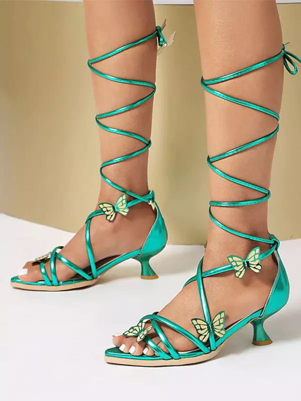 Casual Open Toe Lace Up Solid Color Kitten Heel Sandals