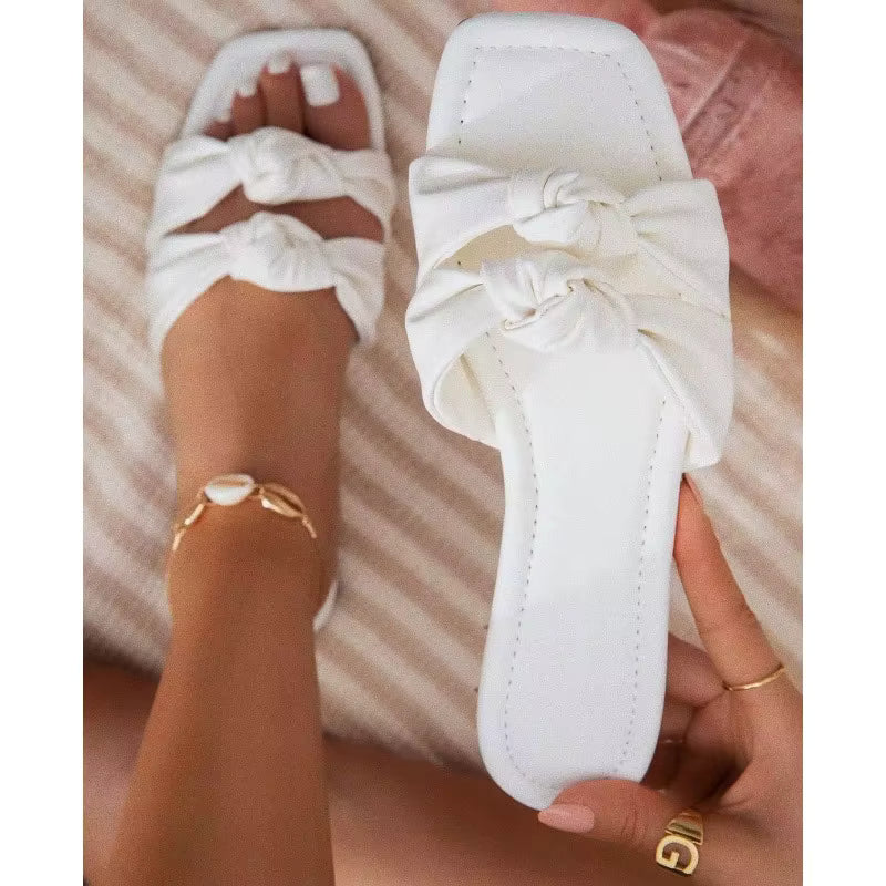 Casual Open Toe Square Head SLIP-ON Cross-tied Bow Flat Slippers