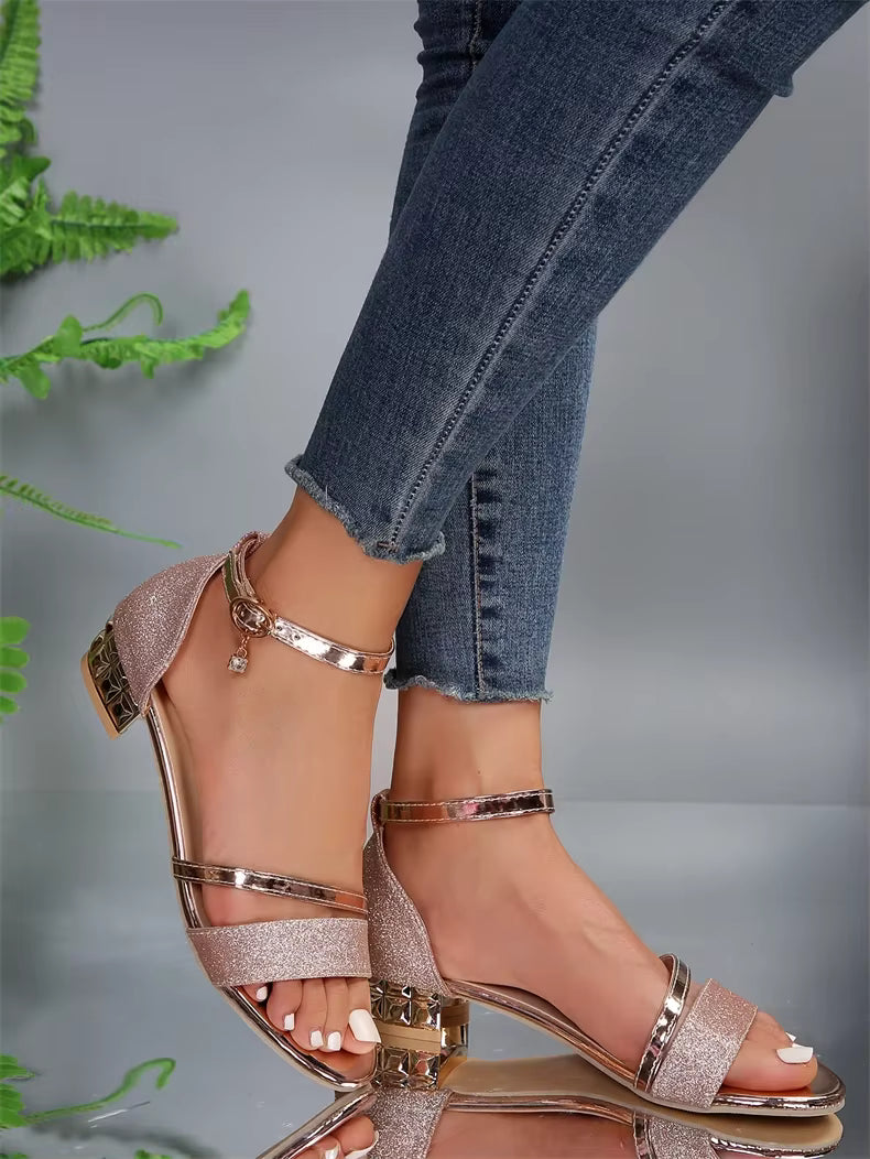 Casual Open Toe buckle strap Square Ankle Strap Low Heels