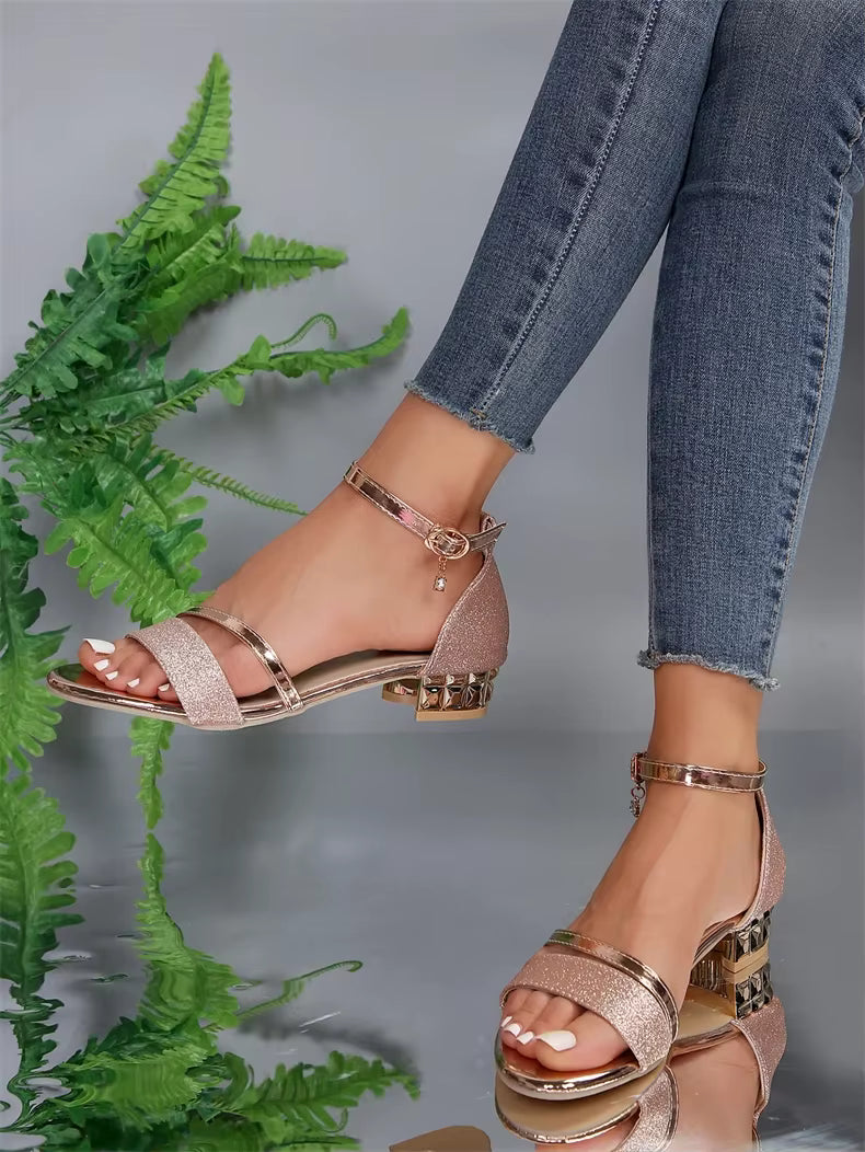 Casual Open Toe buckle strap Square Ankle Strap Low Heels