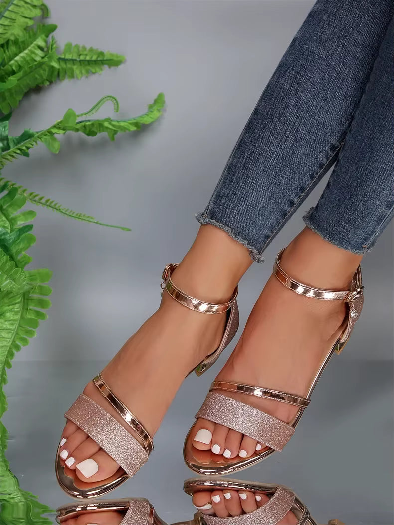 Casual Open Toe buckle strap Square Ankle Strap Low Heels