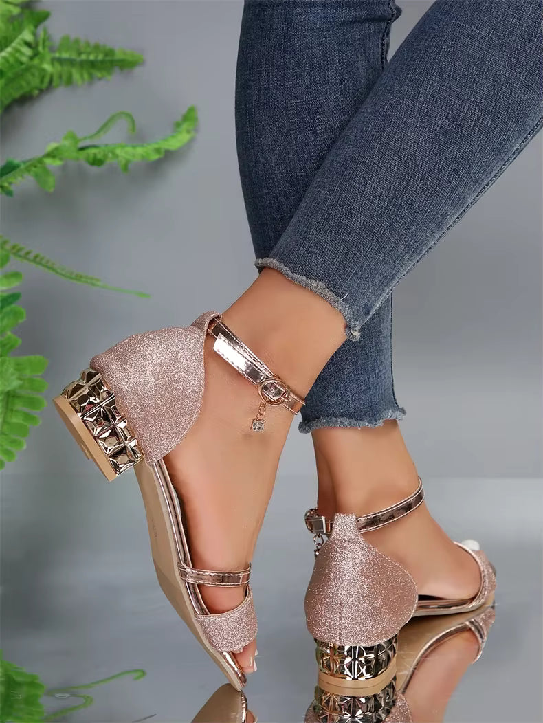 Casual Open Toe buckle strap Square Ankle Strap Low Heels