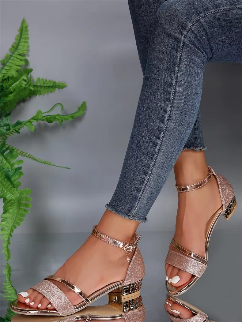 Casual Open Toe buckle strap Square Ankle Strap Low Heels