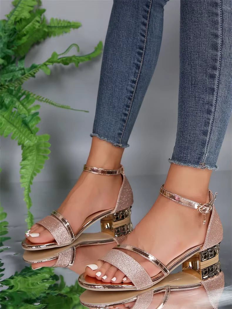 Casual Open Toe buckle strap Square Ankle Strap Low Heels