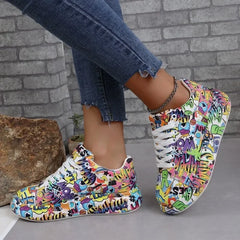 Casual Painted Graffiti Lace Up Flat Pu Leather Sports Shoes