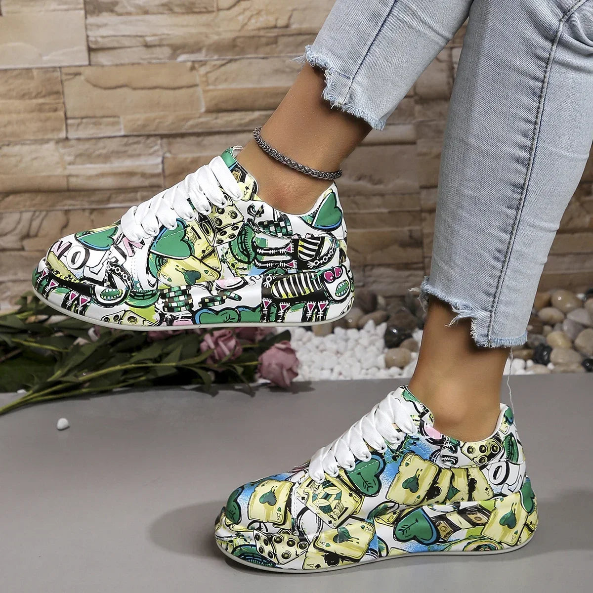 Casual Painted Graffiti Lace Up Flat Pu Leather Sports Shoes