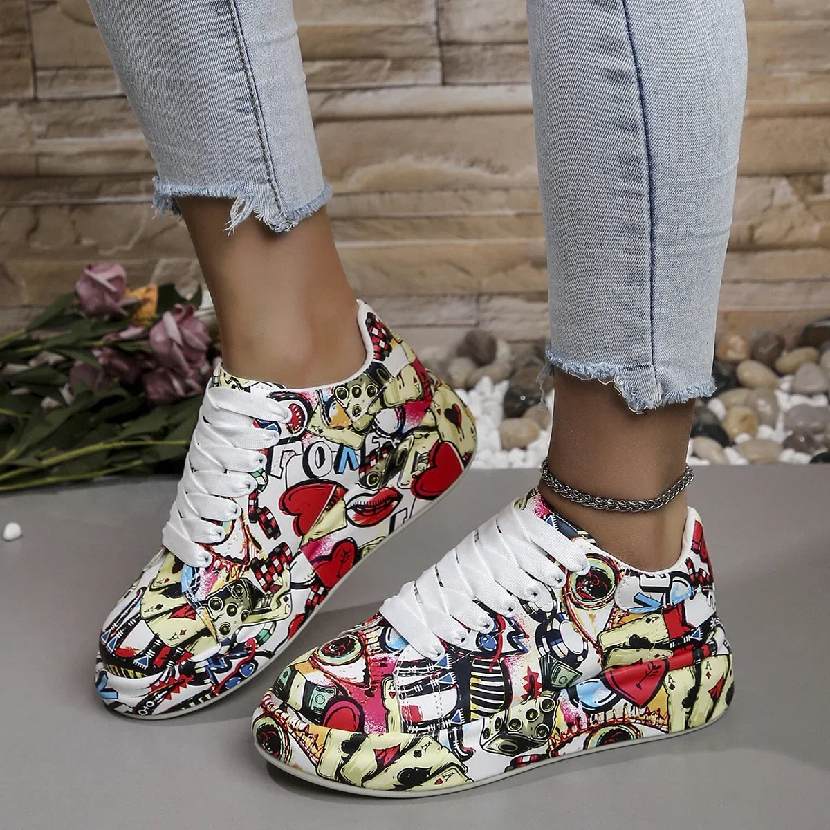 Casual Painted Graffiti Lace Up Flat Pu Leather Sports Shoes