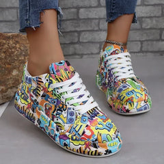 Casual Painted Graffiti Lace Up Flat Pu Leather Sports Shoes