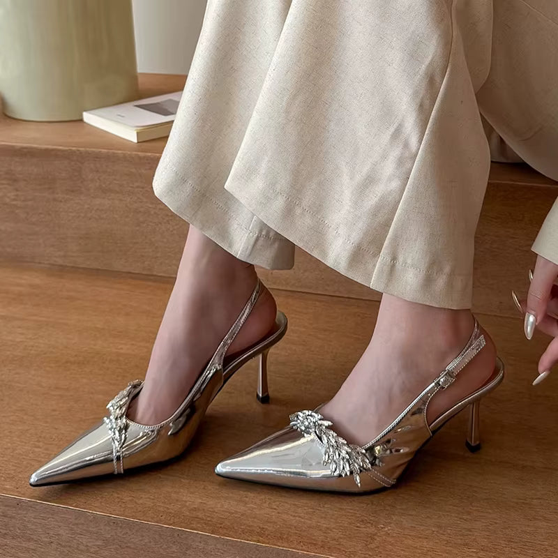 Casual Patent Leather Buckle Strap Slingbacks Pointed Toe High Heels