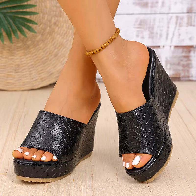 Casual Patent Leather Platform Slippers Peep Toe Wedge Heels