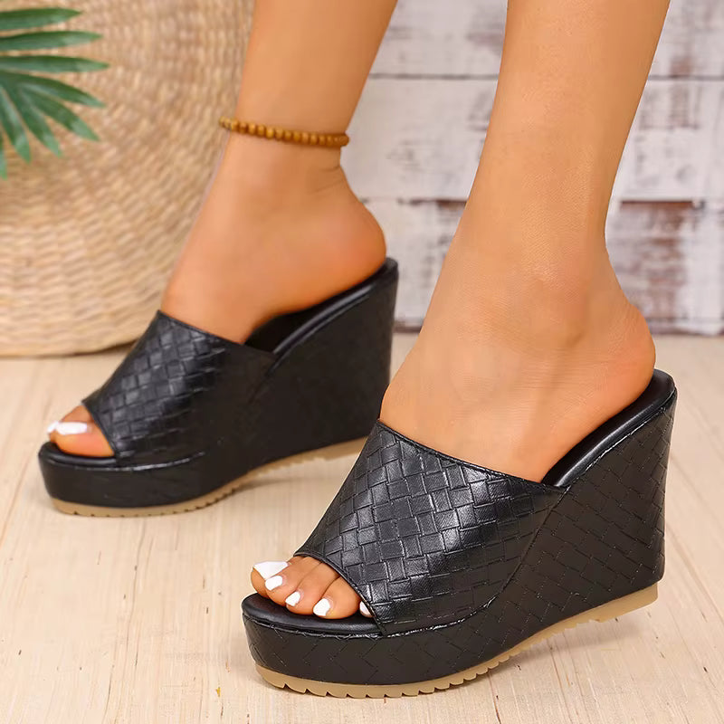 Casual Patent Leather Platform Slippers Peep Toe Wedge Heels