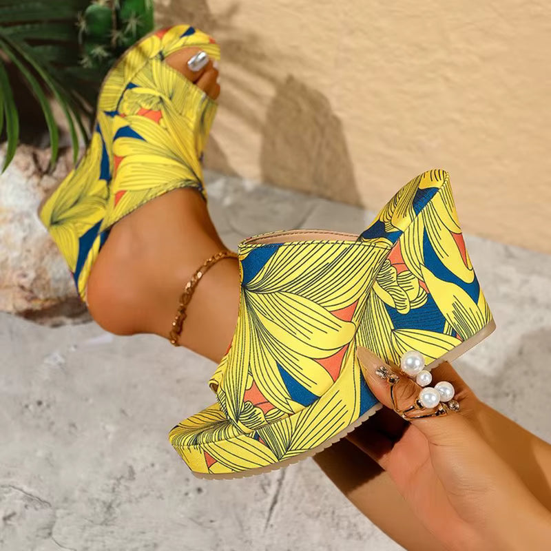 Casual Peep Toe Chunky Platform Thick Bottom Graffiti Wedge Heel