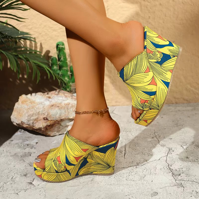 Casual Peep Toe Chunky Platform Thick Bottom Graffiti Wedge Heel