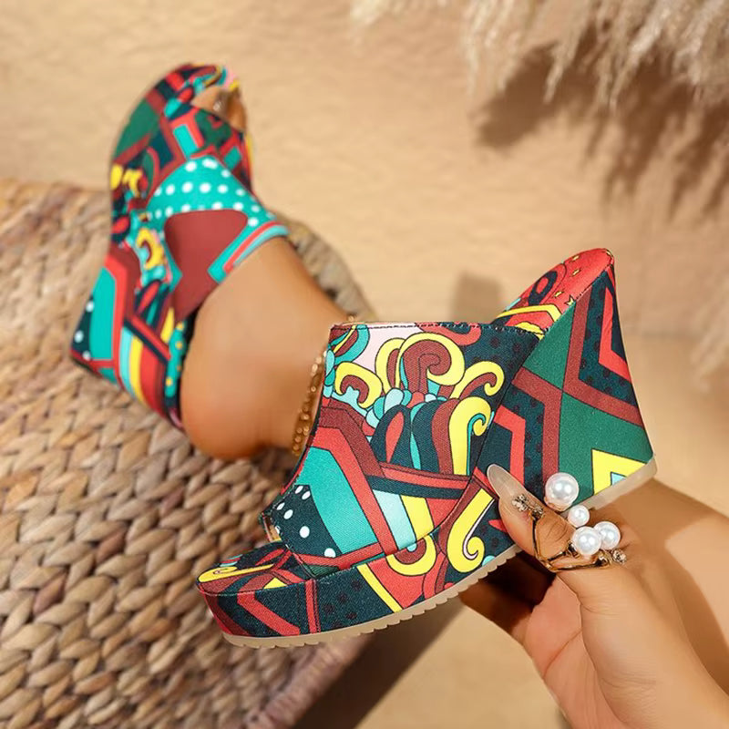 Casual Peep Toe Chunky Platform Thick Bottom Graffiti Wedge Heel