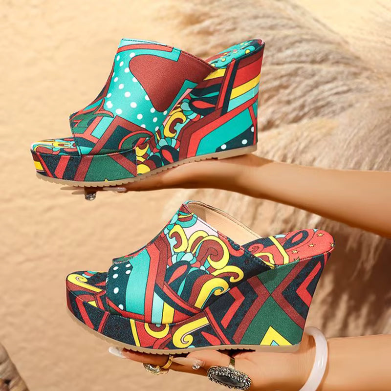 Casual Peep Toe Chunky Platform Thick Bottom Graffiti Wedge Heel