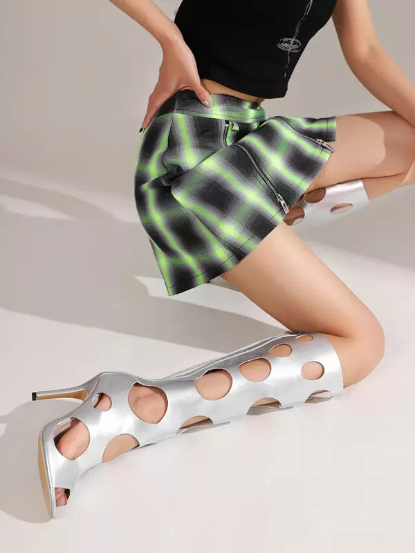 Casual Peep Toe Cut Out Polyurethane High Heel Knee High Boots