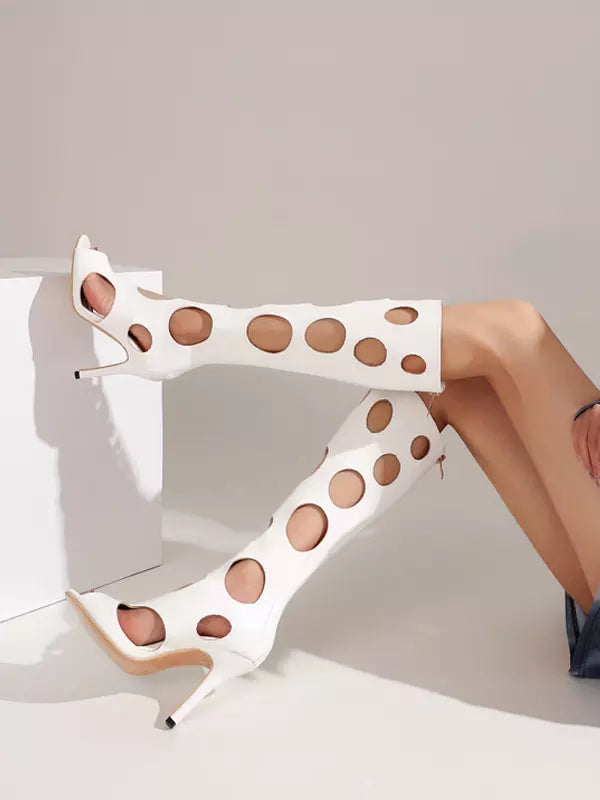 Casual Peep Toe Cut Out Polyurethane High Heel Knee High Boots