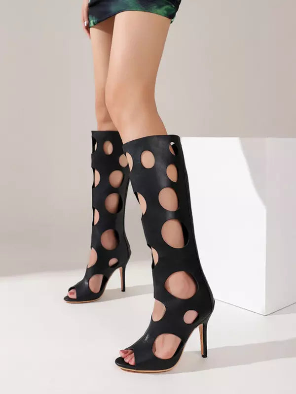 Casual Peep Toe Cut Out Polyurethane High Heel Knee High Boots