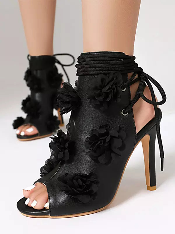 Casual Peep Toe Flowers Detail Lace Up High Heel Bootie